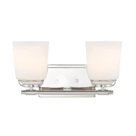 DESIGNERS FOUNTAIN Stella 14.25in 2-Light Polished Nickel Modern Indoor Vanity Light with Etched Opal Glass Shades D291M-2B-PN